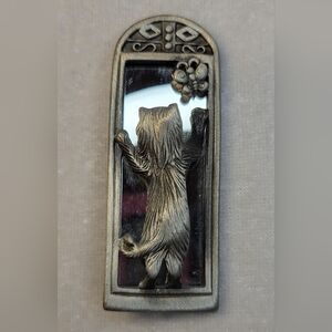 Vintage AJC Silver-Tone Cat Looking In Mirror Brooch